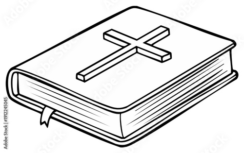 Outlined illustration of a religious book with a cross symbol on the cover and bookmark.