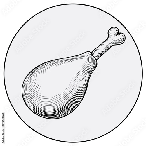 Stylized line art illustration of a cooked chicken leg with a bone in a circular frame