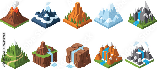 Isometric mountain landscape set, volcano, snowy peaks, forest hills, waterfalls, rocky terrain, nature icons, game environment assets, colorful terrain collection illustration