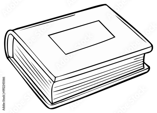 Simple outline of a closed book with a rectangular panel on its cover