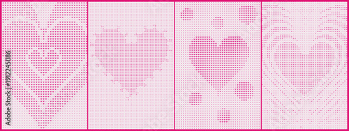 Pink halftone heart arrangements built from dense dotted shapes across vertical panels forming a soft abstract motif suitable for romantic decorative backgrounds