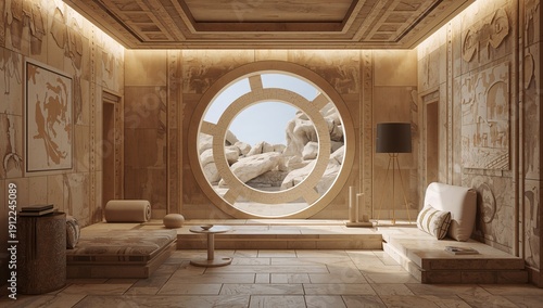 Cozy Room With Circular Window Showing Outdoor Rocks at Midday