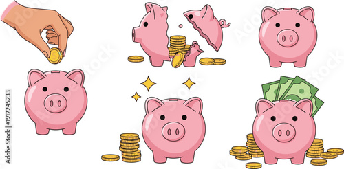 Piggy bank savings concept, broken and full piggy bank, coins cash investment growth illustration isolated on white background, financial planning