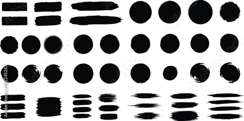 Collection of black ink brush strokes and circular shapes circle oval