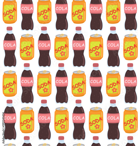 Seamless pattern with plastic cola bottle and orange soda can. Background with sweet carbonated drinks