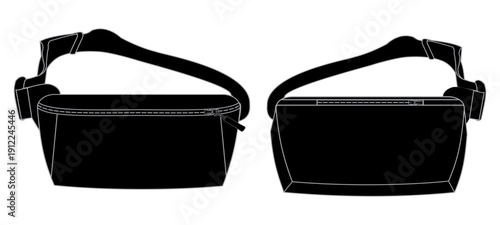 Black Waist Bag Fanny Pack Technical Flat Sketch Front and Back Views Vector