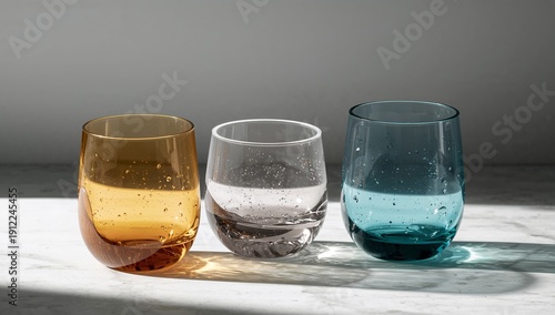Glasses of Different Colors Sit on a Table in Bright Light During the Day