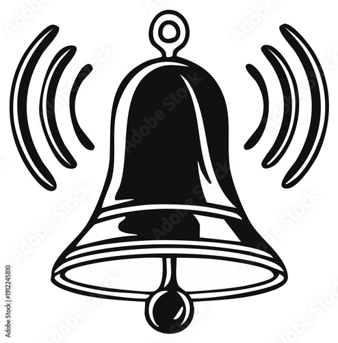 Classic black and white bell ringing with sound waves emanating outwards