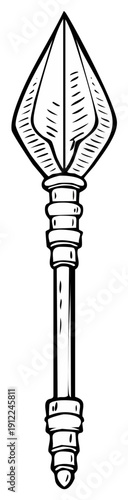 Hand drawn illustration of a tribal spear with a sharp arrowhead and decorative shaft