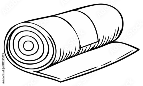 Rolled sleeping bag with a simple black and white line drawing for camping and outdoor activities