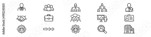 Professional business and human resources icon set featuring teamwork, recruitment, leadership, and corporate management symbols in line art style.