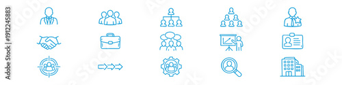 Professional business and human resources icon set featuring teamwork, recruitment, leadership, and corporate management symbols in line art style.