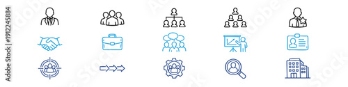 Professional business and human resources icon set featuring teamwork, recruitment, leadership, and corporate management symbols in line art style.