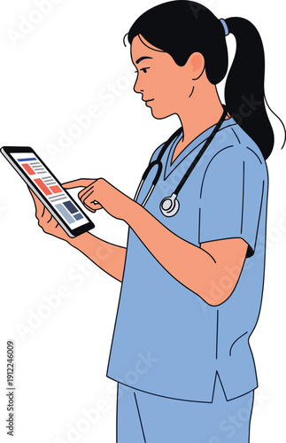 Female Nurse Wearing Blue Scrubs and Stethoscope Using Tablet Computer with White Background woman medical