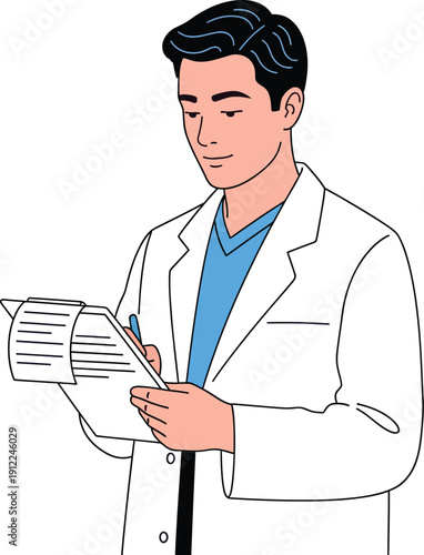 Male Doctor Wearing White Lab Coat and Blue Scrub Holding Clipboard and Pen Writing Notes on Paper with