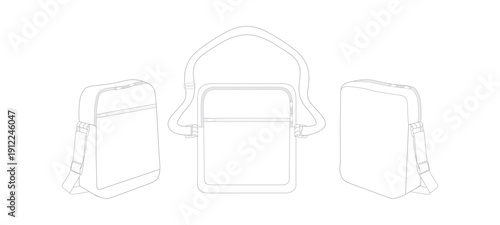 Slim Crossbody Shoulder Bag Technical Flat Sketch Front Side and Back Views Vector