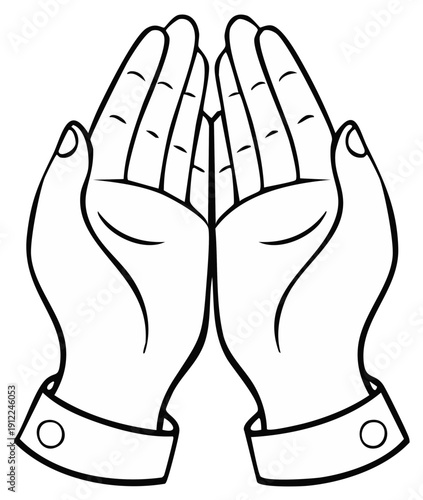 Open hands held upwards in a gesture of prayer or supplication in simple line art style