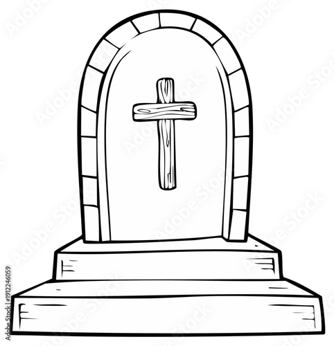 Simple Church Memorial Grave Marker With Wood Cross and Stone Arch Silhouette Outline
