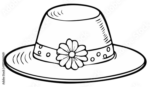 Simple cartoon drawing of a wide brimmed hat decorated with a flower and ribbon