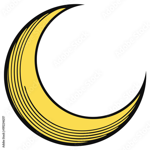 Yellow crescent moon with a hatched texture and bold outline on a white background