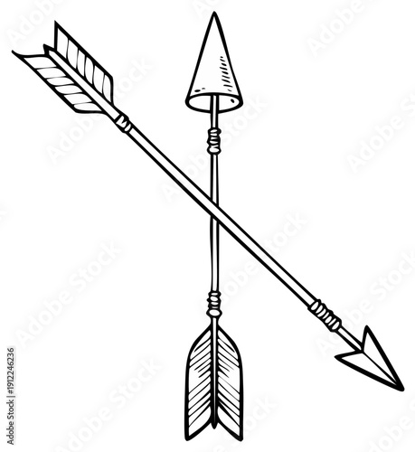 Two Crossed Arrows: Hand Drawn Illustration, Weaponry Design Element, Arrowheads, Shafts, Fletching