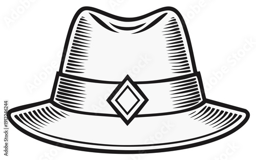 Black and white illustration of a vintage fedora hat with a diamond detail.