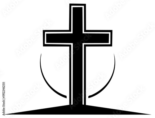 Christian cross symbol of faith and religion with abstract circular elements and ground silhouette