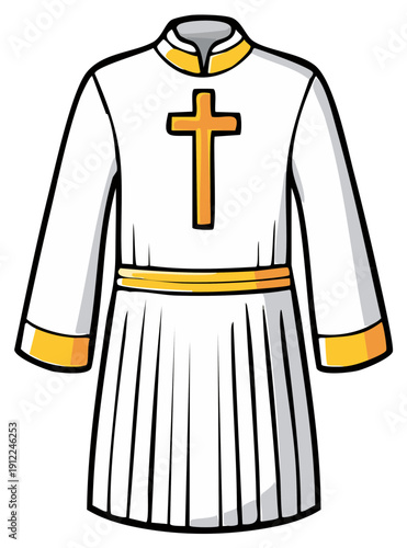 Cartoon White Religious Robe with Golden Cross and Trim Design Element