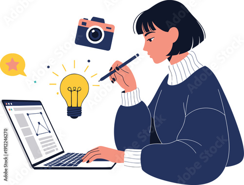 Woman Designer Working on Laptop with Lightbulb and Camera on White Background female artist