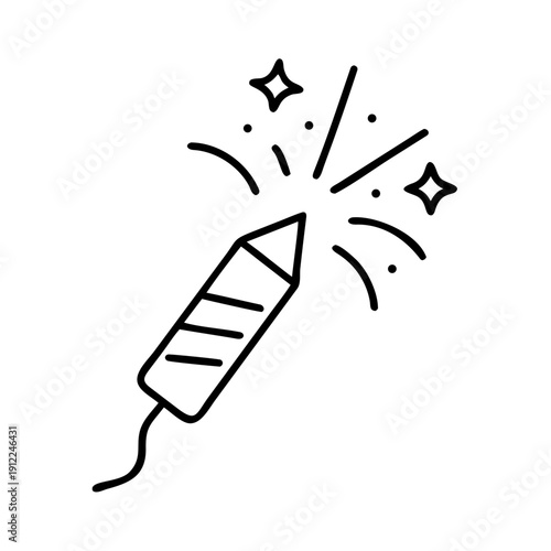 Minimalist hand drawn New Year fireworks icon, black line art firecracker igniting with festive sparks. Cartoon style graphic depicts celebration, symbolizing joy, party mood.
