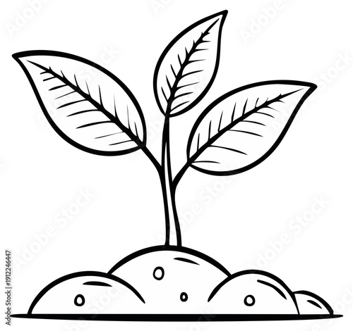 Simple cartoon illustration of a green seedling plant growing from rich soil with three leaves reaching upwards