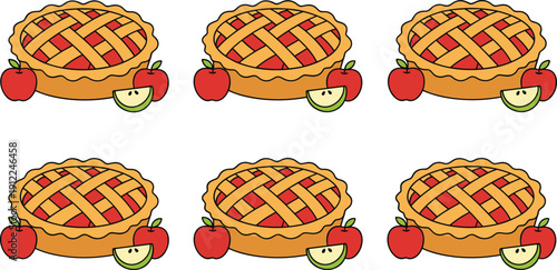 Baked Apple Pie with Lattice Crust Pattern Served with Whole Red Apples and Fresh Green Apple Slices Food Illustration Set