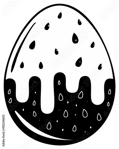 Hand drawn Easter egg with chocolate drizzle and water droplet details black and white illustration