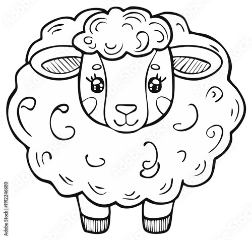 Cute fluffy sheep illustration with happy face in simple line art style