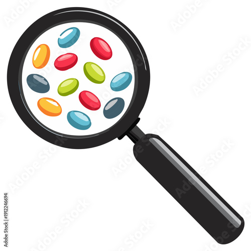 Magnifying glass examining colorful jelly beans close up