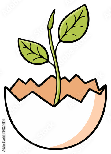 Vibrant cartoon illustration of a young green plant growing from a cracked eggshell