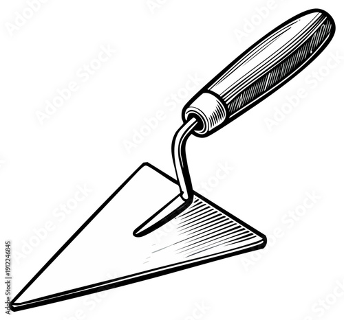 Detailed black and white illustration of a construction trowel.