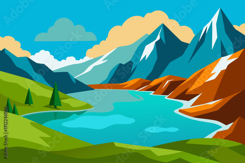 Serene mountain lake landscape with snow capped peaks