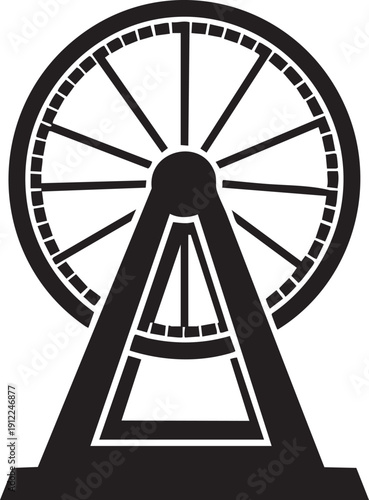 Stylized black Ferris wheel icon, symbolizing amusement parks, fun, and urban attractions.