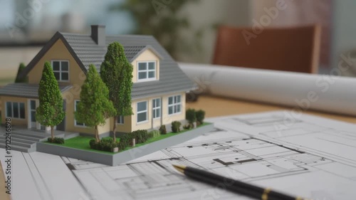La photo montre une maquette de maison avec des arbres miniatures, posée sur un bureau