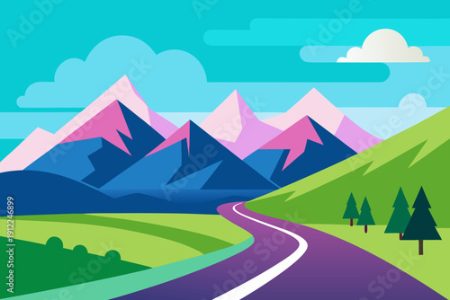 A winding road leading to a majestic mountain range