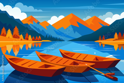 Serene mountain lake scene with boats