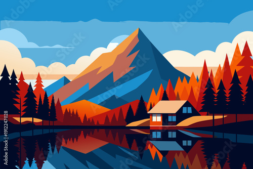 Serene mountain lake scene with cozy cabin