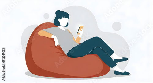 A woman relaxing on a bean bag chair while using her smartphone, depicted in a modern flat illustration style.