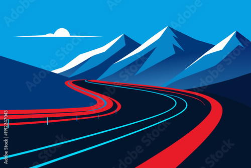 Winding road through mountains with snow capped peaks