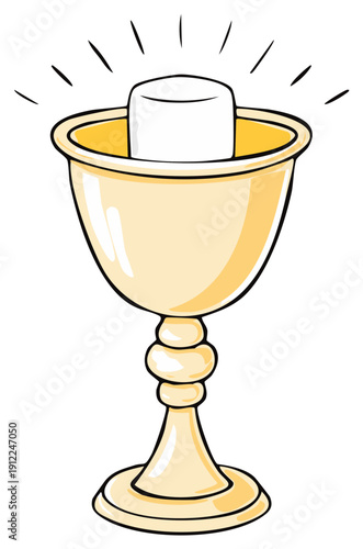 Sacred chalice holding a communion wafer with a glowing aura symbolizing divinity