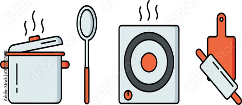 Kitchen Cooking Icon Set Featuring a Steaming Pot Metal Spoon Electric Induction Cooktop Rolling Pin and Cutting Board Vector