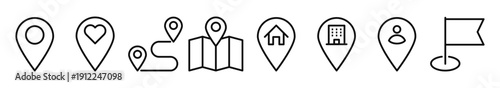 Set of minimal location pin and map marker icons for navigation GPS tracking and destination tagging
