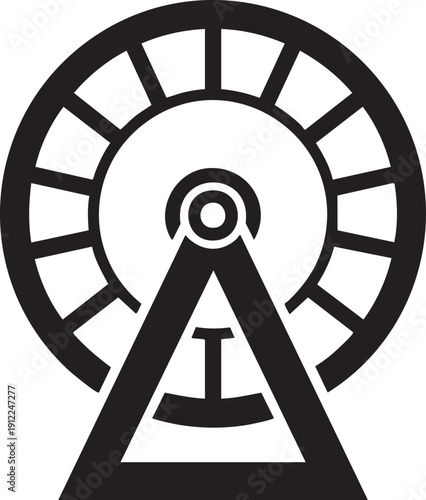 Minimalist black Ferris wheel icon, representing amusement, entertainment, and city attractions.