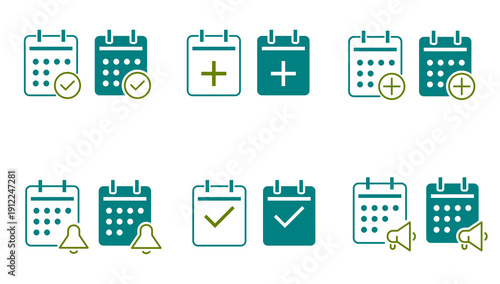 Calendar Schedule and Reminder Icons Set – Planner, Event, Notification, Checkmark Vector Collection